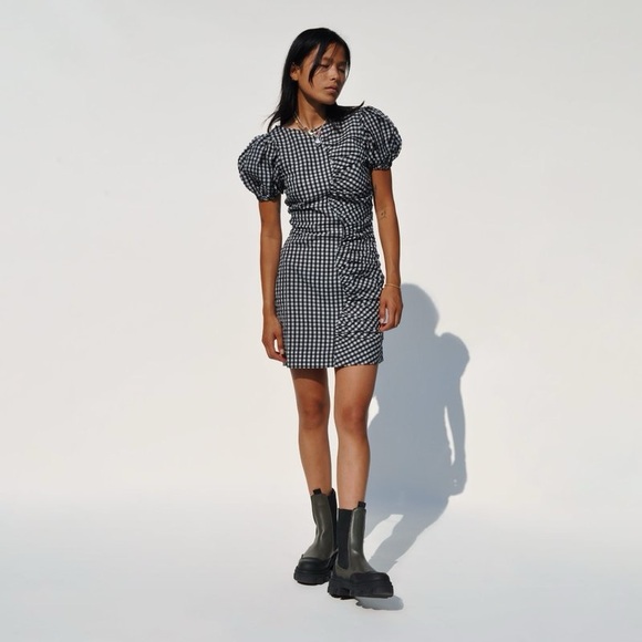 GANNI Gingham Checkered Asymmetric Ruched Seersucker Mini Dress Size 34 US0 - Picture 1 of 15